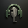 A GIF of the FLM logo featuring a microphone with a stand shaped like an uppercase "L"; the microphone is framed by a pair of headphones where the left ear cup is shaped like an "F" and the right represents the right half of an uppercase "M." Both the microphone and headphones have a metallic finish—grey for the microphone and dark green for the headphones—and feature glossy highlights. The logo is set against a black background with a subtle grey gradient towards the center and top. The animation consists of a bright light reflection sweeping across the metallic surfaces: it appears after one second, moving from the bottom right to the top left, followed by a two-second pause, a sweep in the opposite direction, and another two-second pause before the loop repeats.